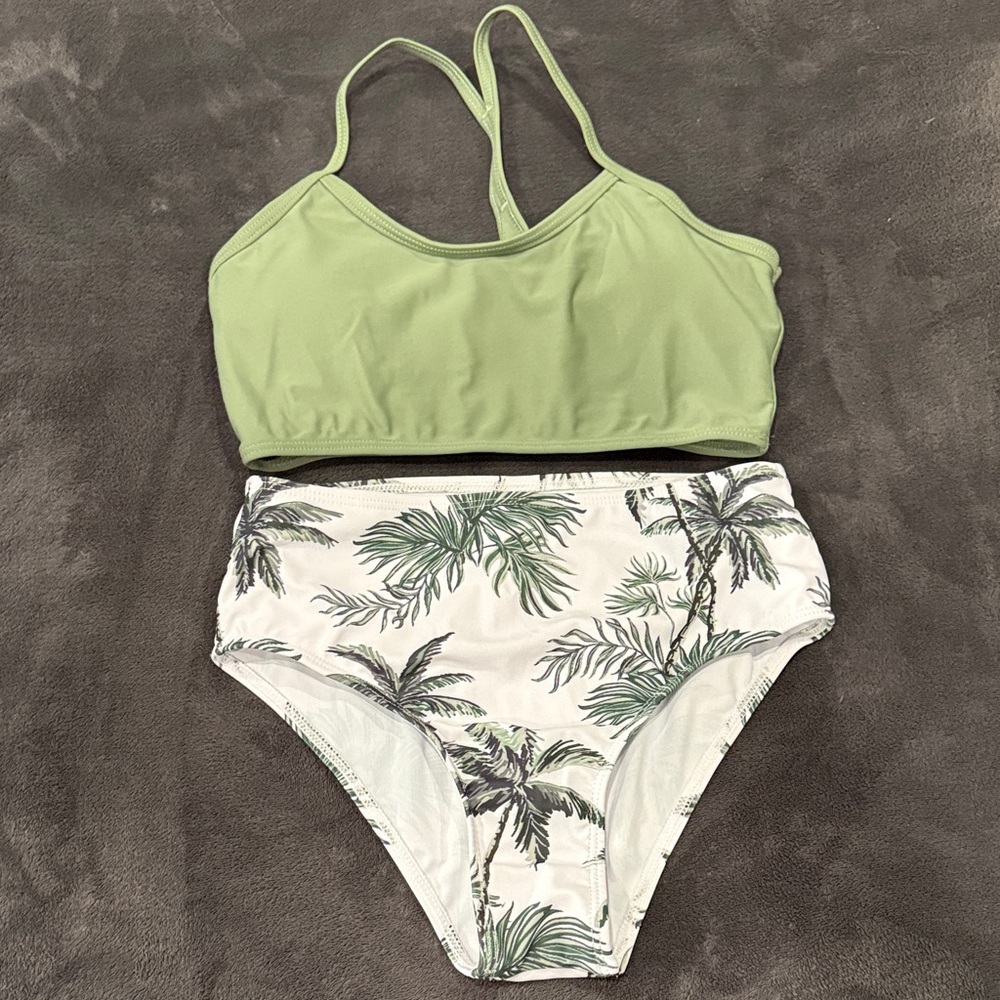 Green Crop Bikini Top with High-Waist Palm Print Bottoms